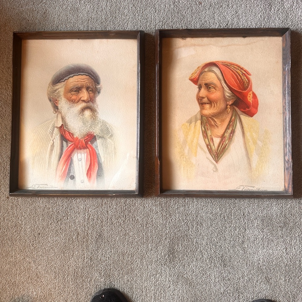 Vintage Pair Framed Portrait Wall Decor in Red and Cream